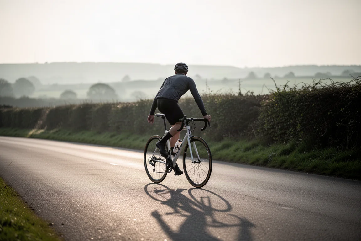 Cycliste roulant sur un vélo de route sur une voie dégagée dans une douce lumière matinale