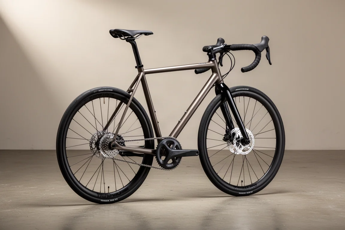 Instapracefiets met aluminium frame en carbon vork op een betonnen vloer