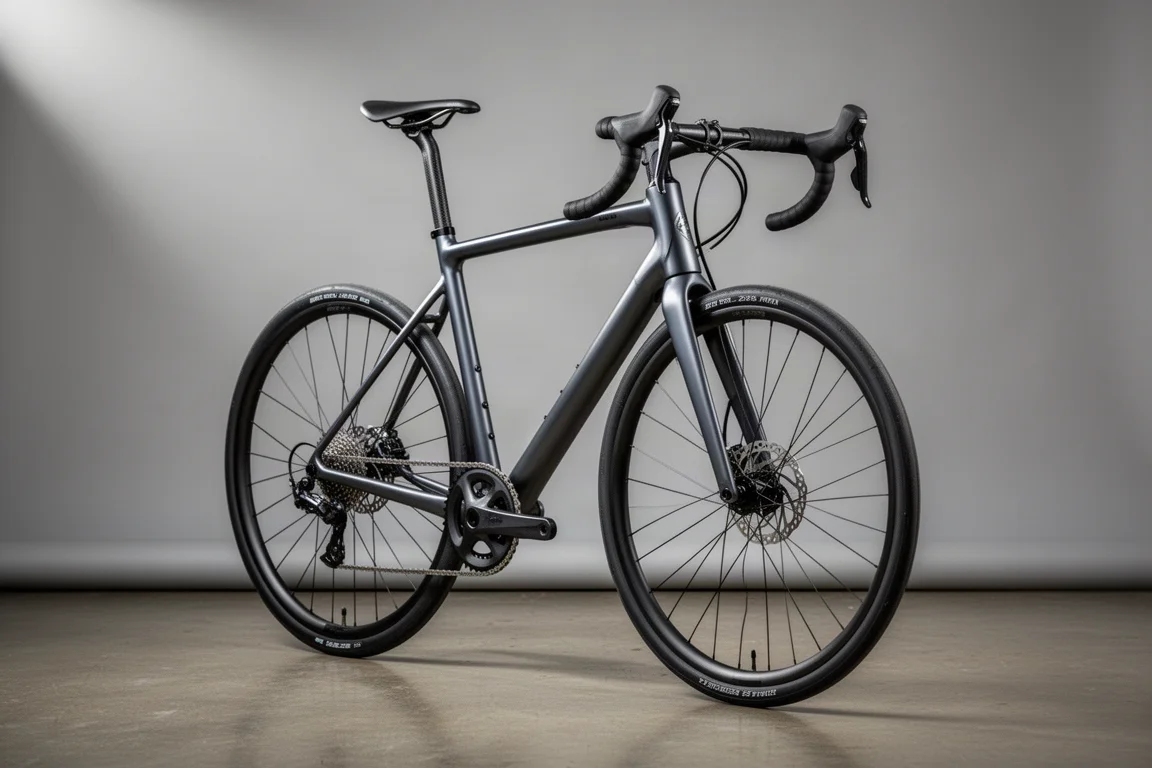 Aluminium road bike with carbon fork on a neutral grey studio backdrop