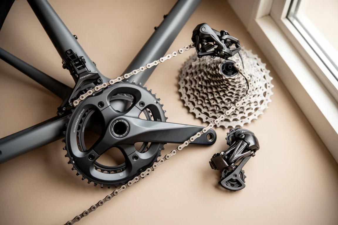 Mechanical disc brake caliper gripping a rotor on a road bike wheel