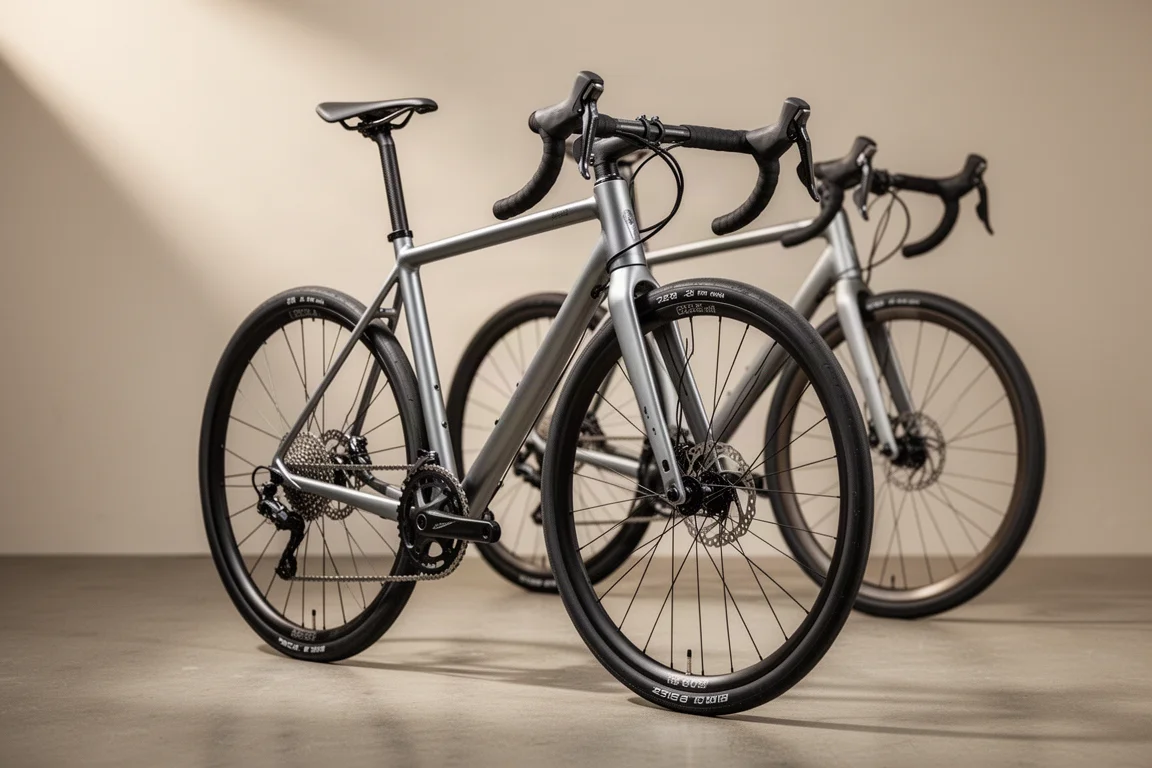 Two Triban RC120 road bikes side by side on concrete, disc and rim brake versions