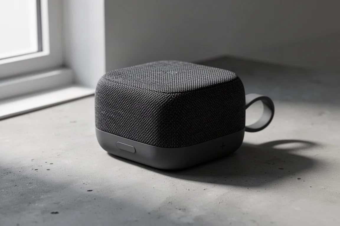 Compact square Bluetooth speaker with fabric top and rubber base on concrete