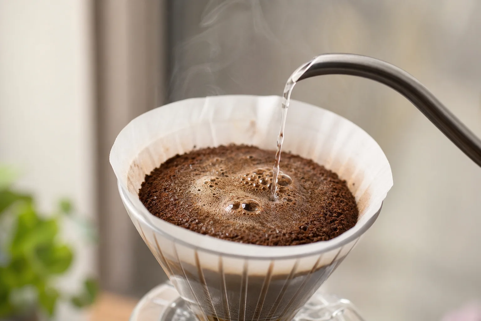 Vertiendo agua caliente en un gotero de café durante la fase de preinfusión