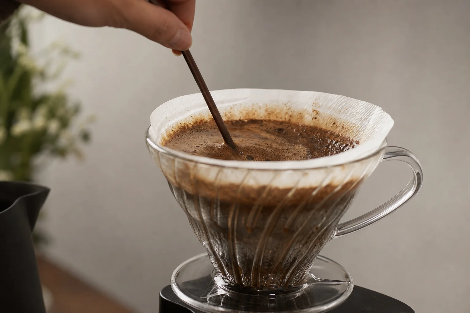Removiendo suavemente los posos de café en un gotero para asegurar una extracción uniforme