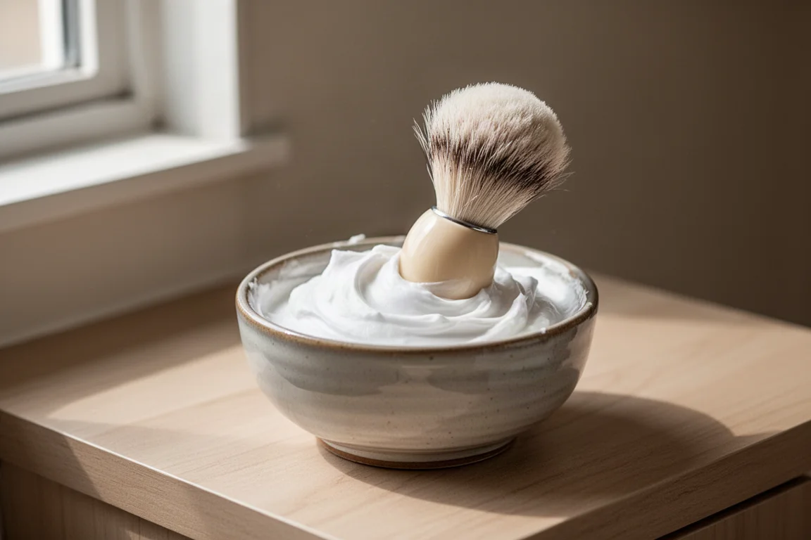 Brocha de afeitar sintética con espuma en un cuenco de cerámica sobre una encimera de madera