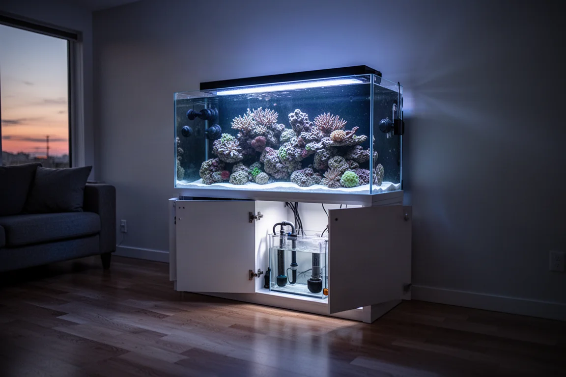 Riffaquarium-Schaubecken leuchtet in einem dunklen Wohnzimmer bei angelehnter Schranktür