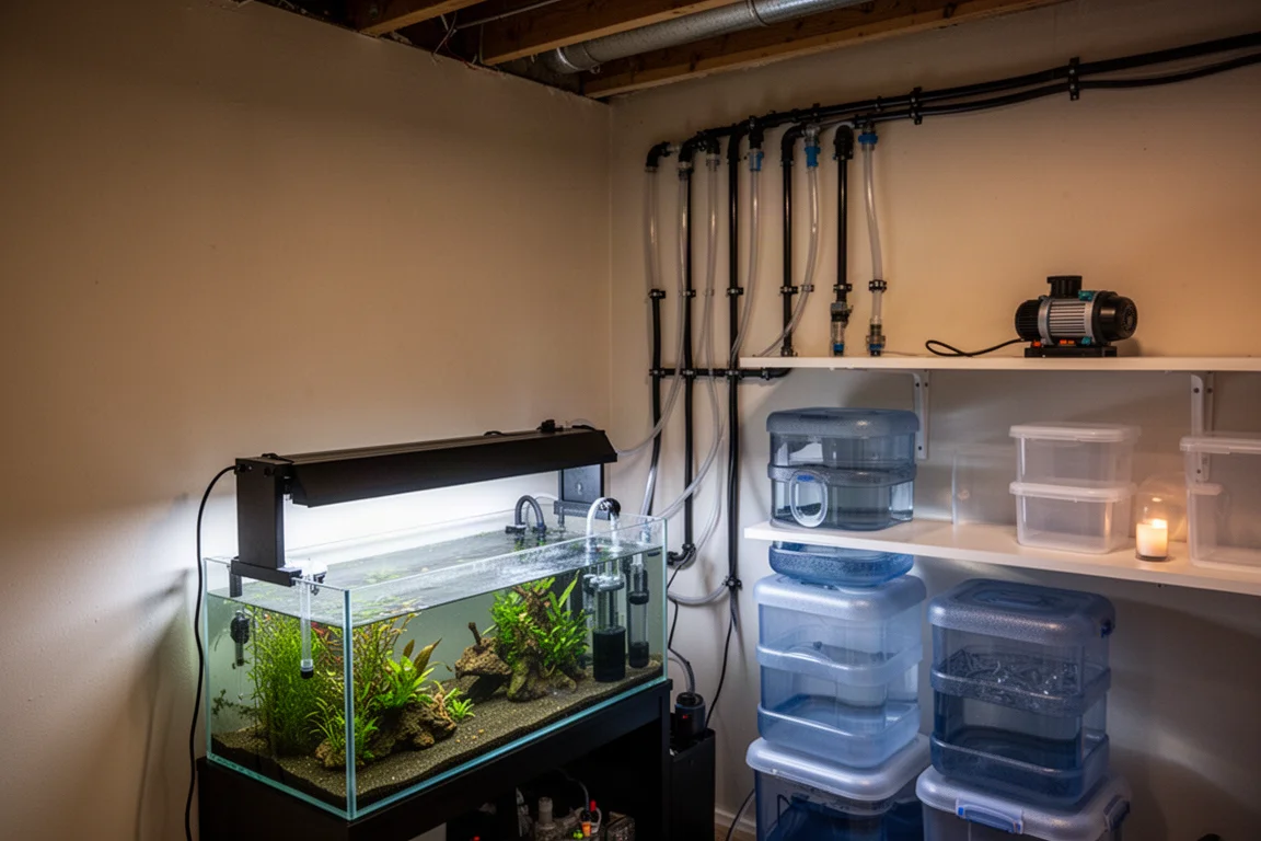 Aufgeräumte Aquarium-Technikecke mit Filterbecken, Schläuchen und Wasserbehältern