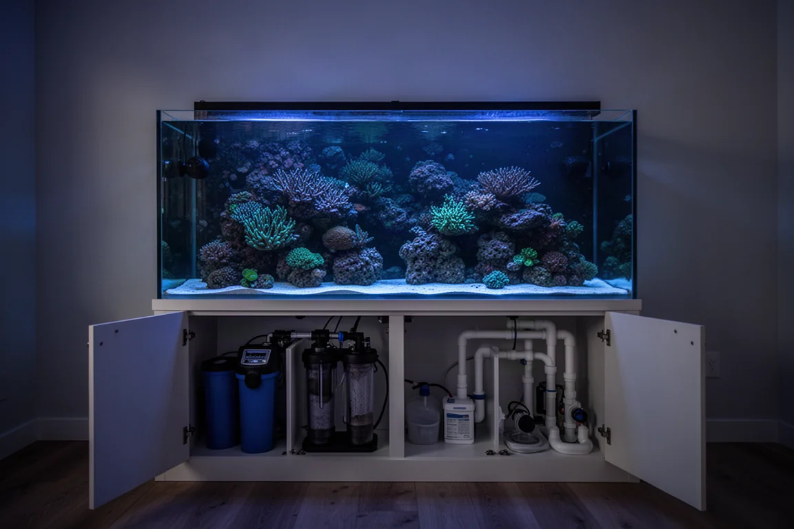 Leuchtend blaues Riffaquarium-Becken in einem dunklen Raum mit geöffneten Schranktüren