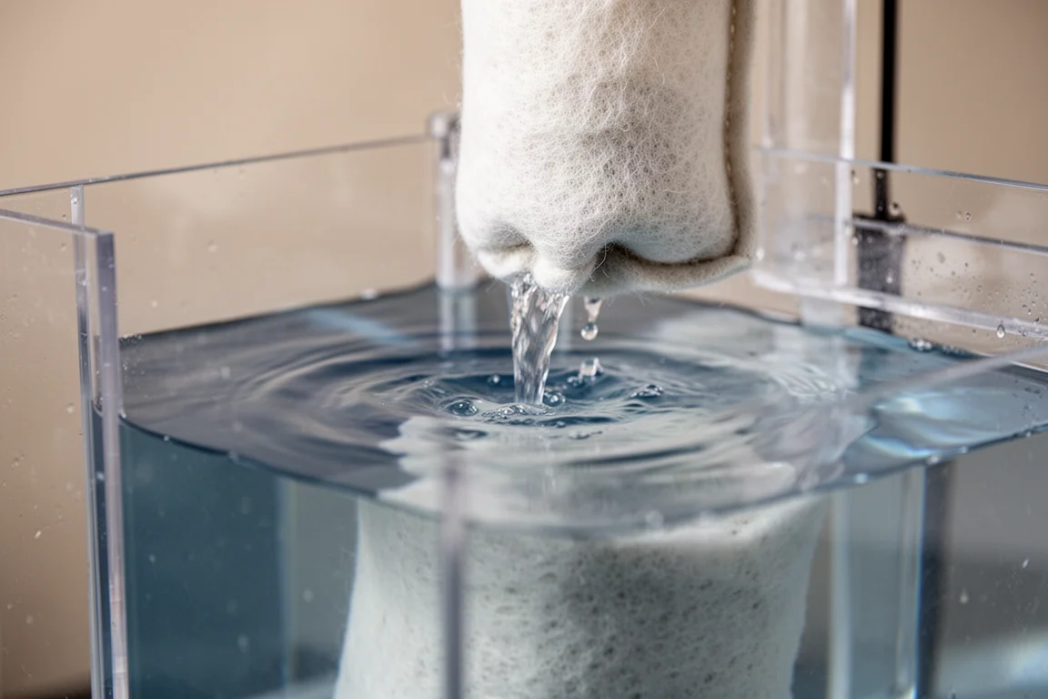 Nahaufnahme von Wasser, das durch einen Filterstrumpf in einer Acryl-Filterkammer rieselt