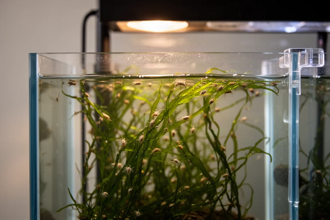 Beleuchtete Refugium-Kammer mit Makroalgen und Kleinkrebsen unter warmem Licht