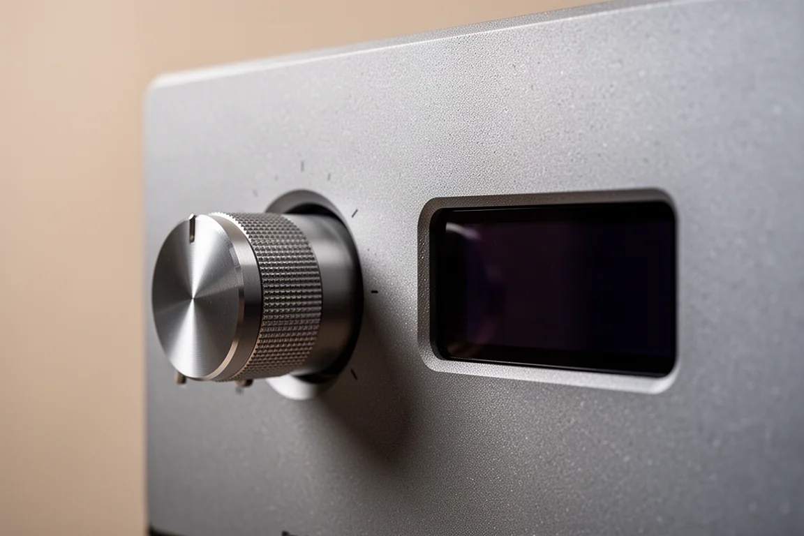 Close-up van een draaiknop voor het volume en een OLED-display op een versterkerfront