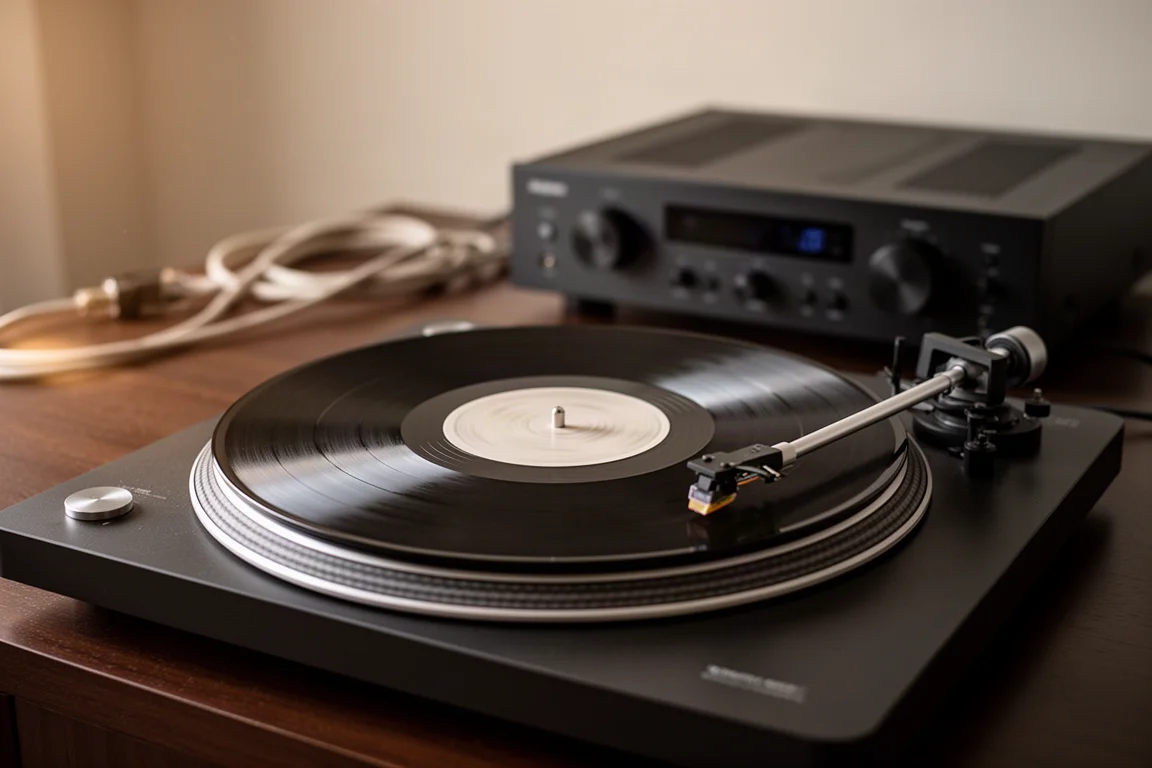 Vinylplaat draait op een platenspeler naast een versterker in een thuissysteem