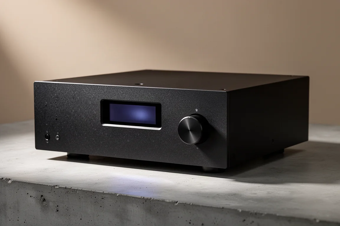 Full-width black integrated amplifier with OLED display and rotary volume dial on concrete