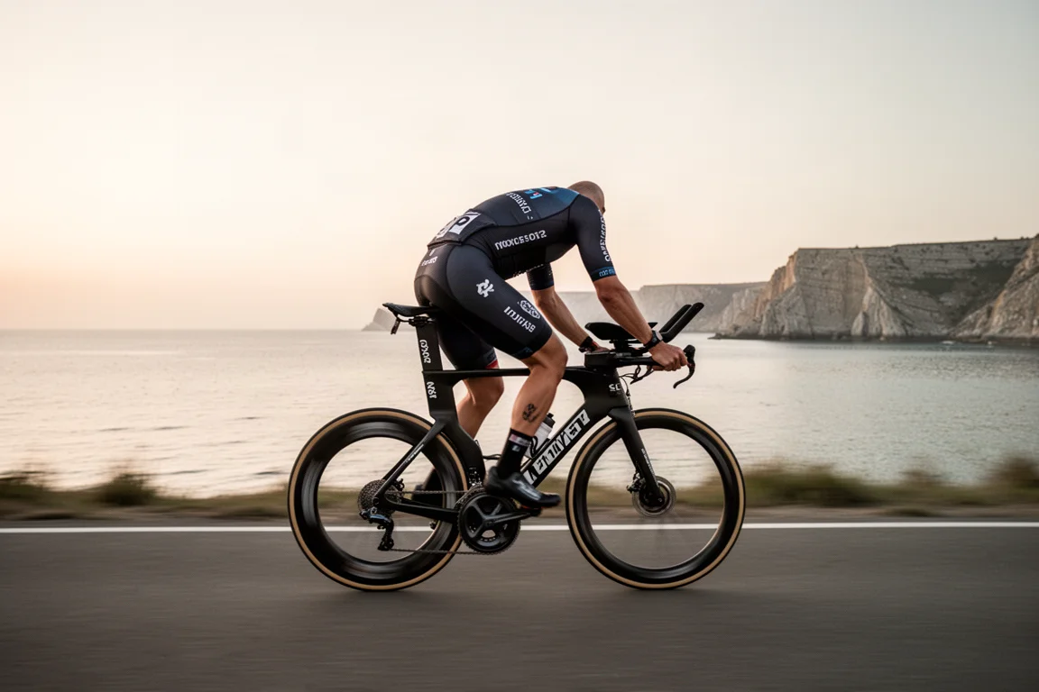 Long distance triathlete seen from behind riding an aero bike along a coastal road at dawn