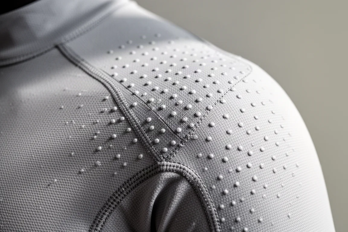 Macro view of dimpled shoulder fabric beside a flat bonded seam on a race suit