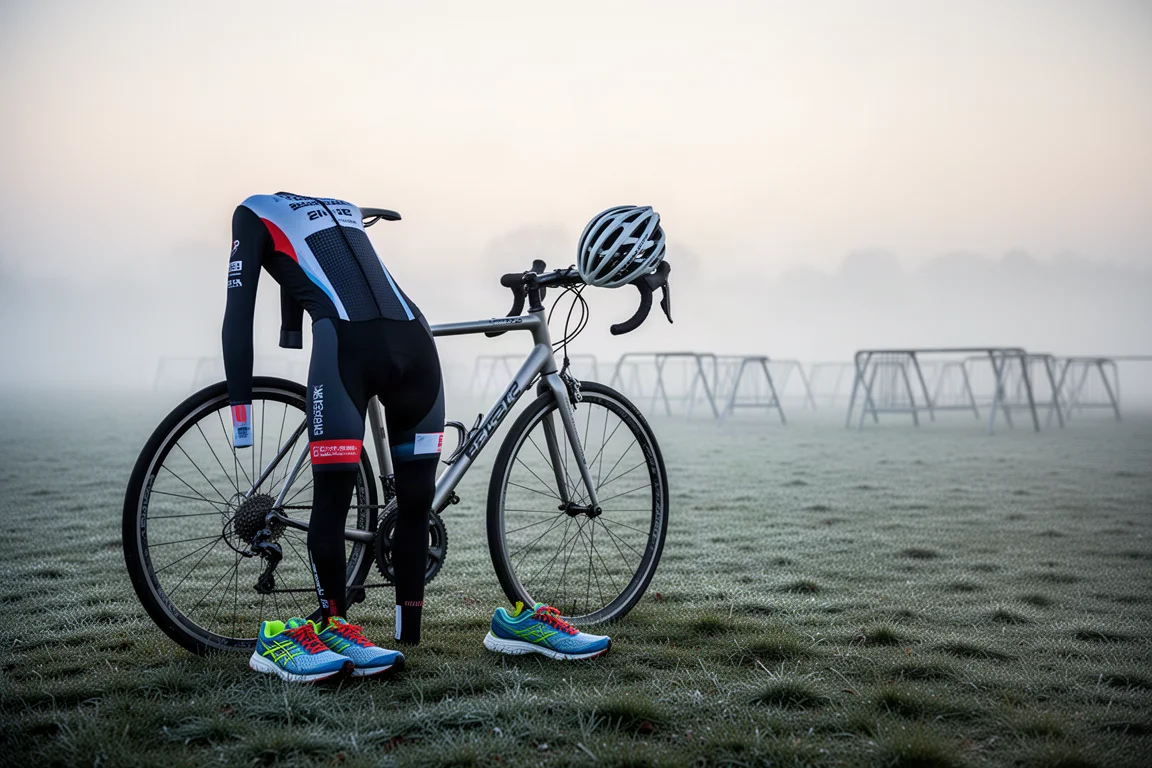 Dawn transition area with race suit draped over a bike and running shoes on wet grass