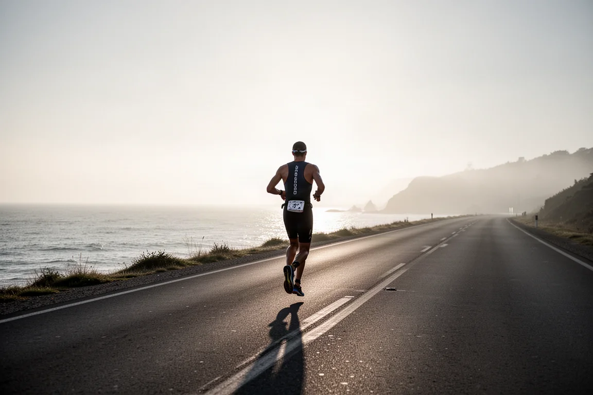 Triathlete seen from behind running along an empty coastal road in early morning haze