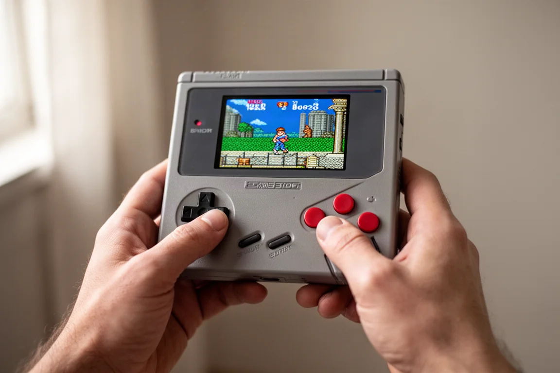 レトロゲームをプレイしながらTrimUI Brick Proを手に持つ様子