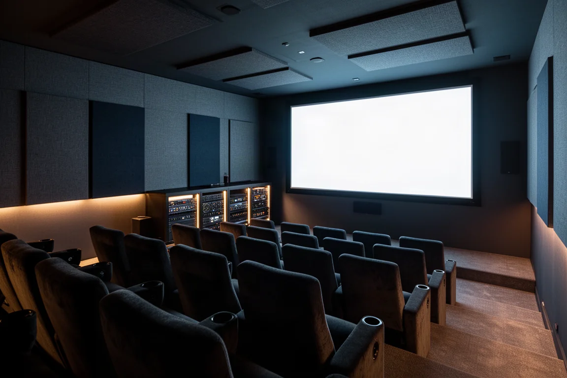 Cine en casa con butacas escalonadas y un rack de equipos iluminado junto a una pantalla grande