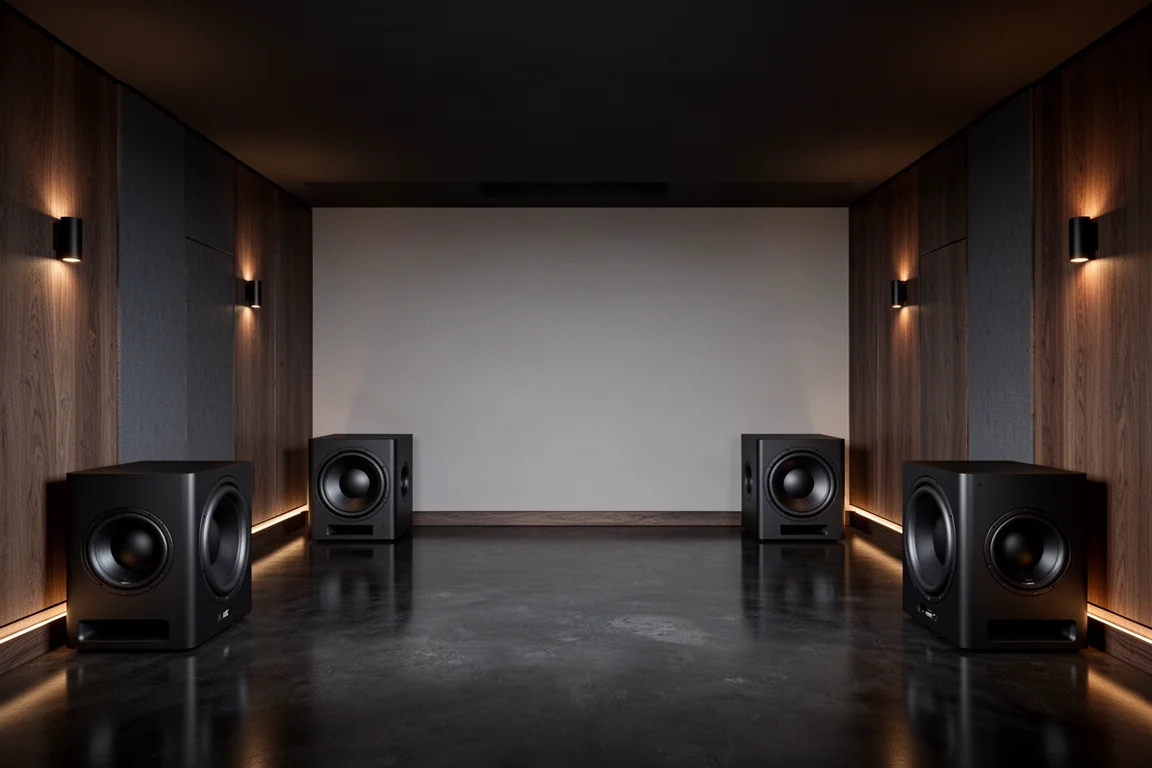 Cuatro subwoofers negros mate a lo largo de las paredes frontal y trasera de una sala oscura de cine en casa