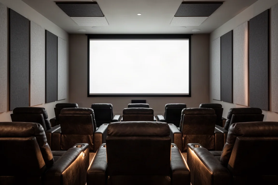Vista desde la última fila de un cine en casa con butacas reclinables oscuras y paneles acústicos en las paredes