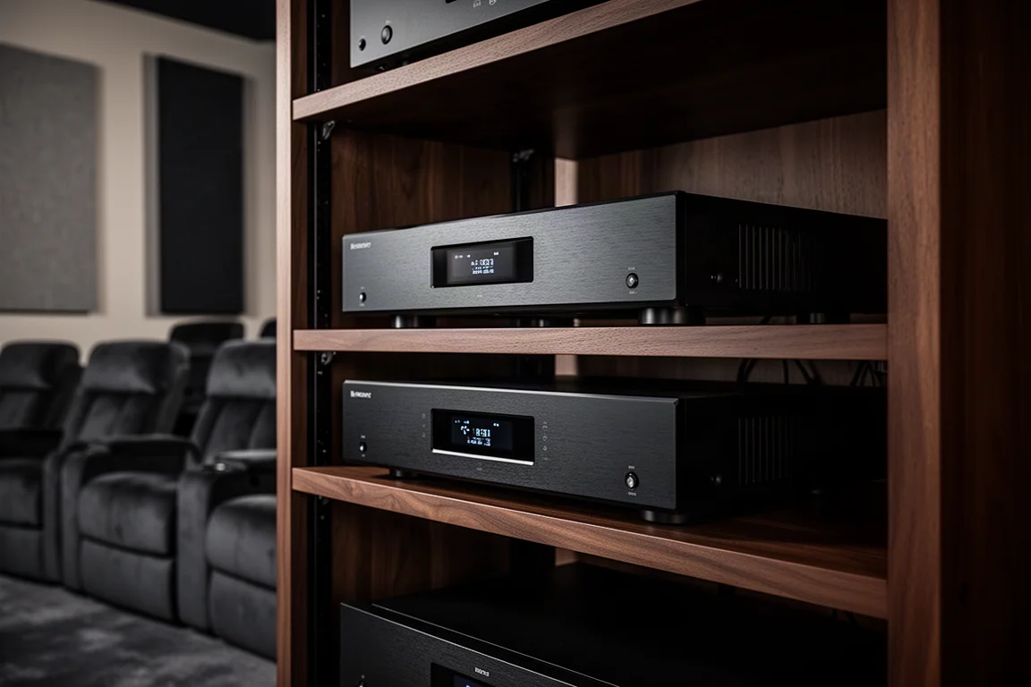 Two rack-mount home theater processors on shelves in a dimly lit cinema equipment rack