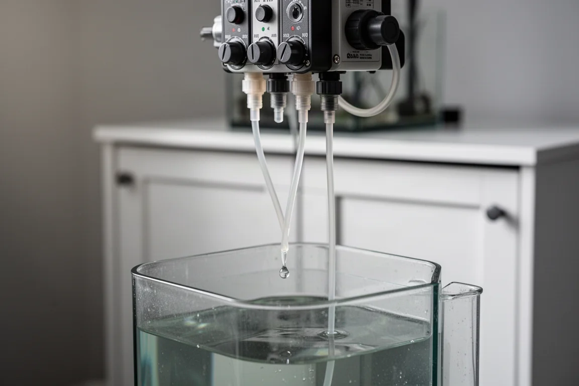 Pompe doseuse multicanale avec tubes translucides injectant du liquide dans un récipient de décantation