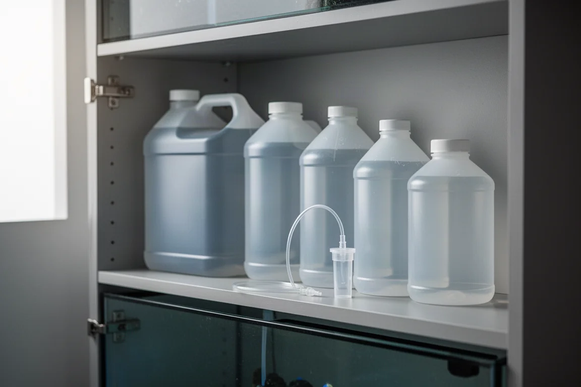 Étagère de meuble d'aquarium garnie de grands bidons transparents de compléments et de tubes de dosage