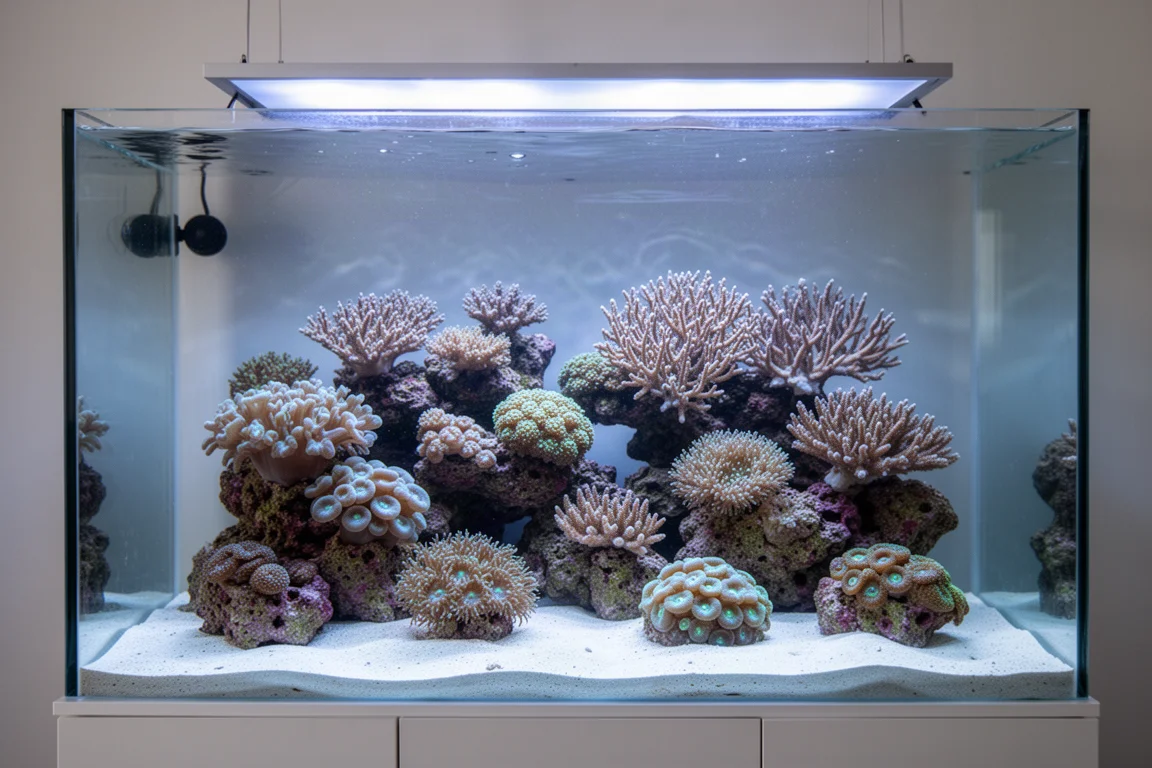 Gemengd rifaquarium met softkoralen, LPS-poliepen en vertakkende steenkoralen onder blauwwit licht