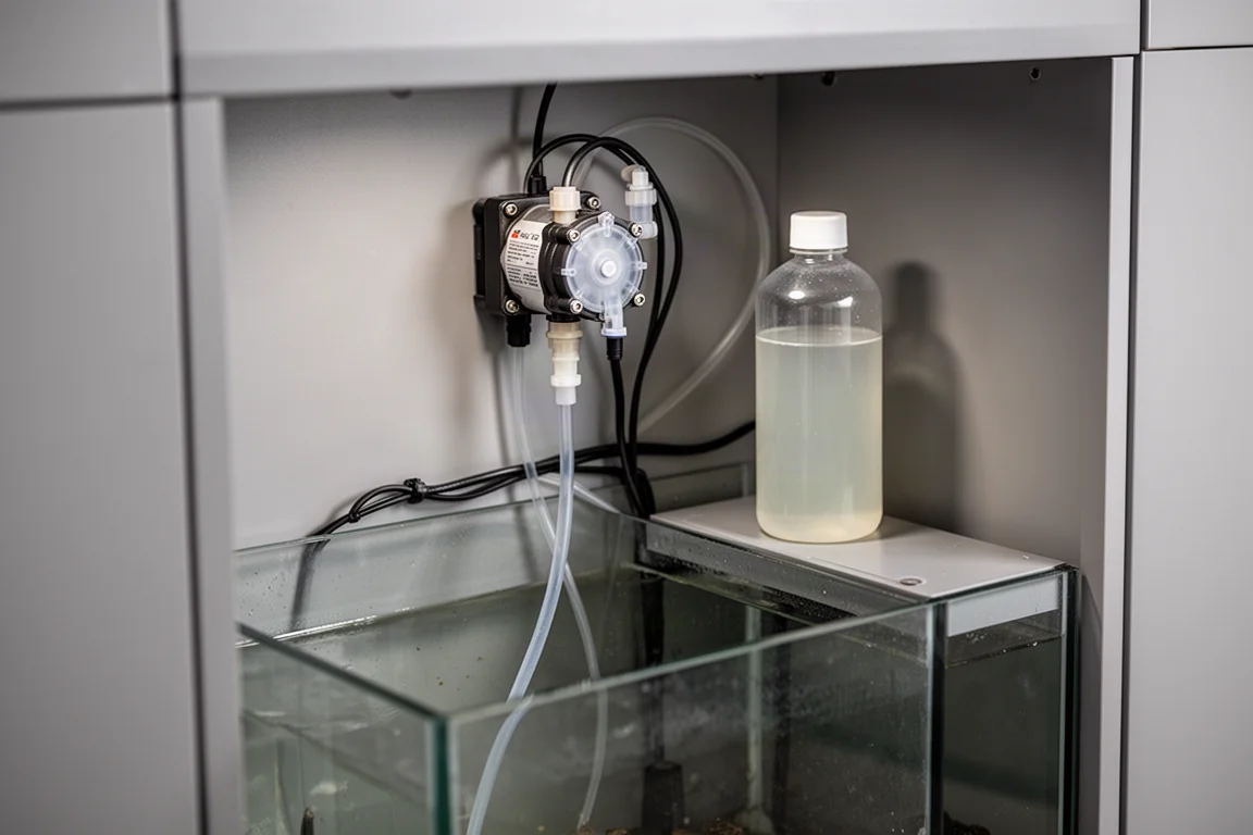 Eénkanaals doseerpomp in een aquariumkast met slangetjes die naar een sump-kamer lopen