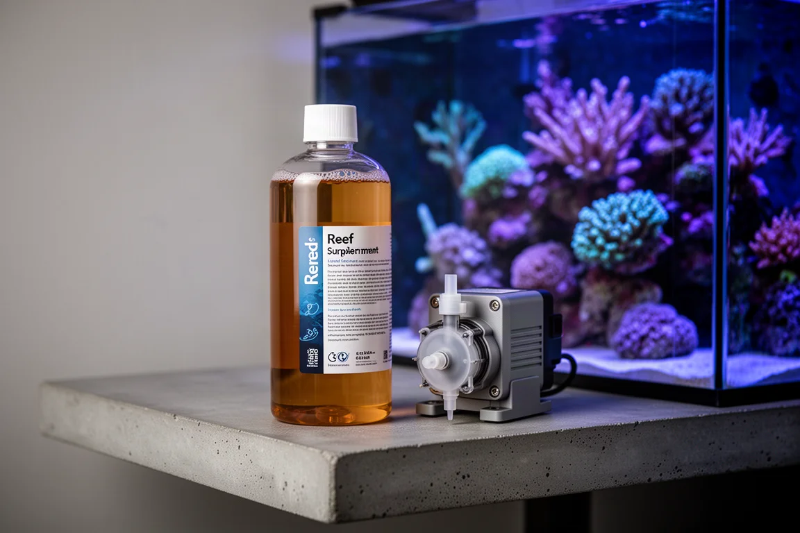 White dosing bottle and small dosing pump on concrete with a reef aquarium behind