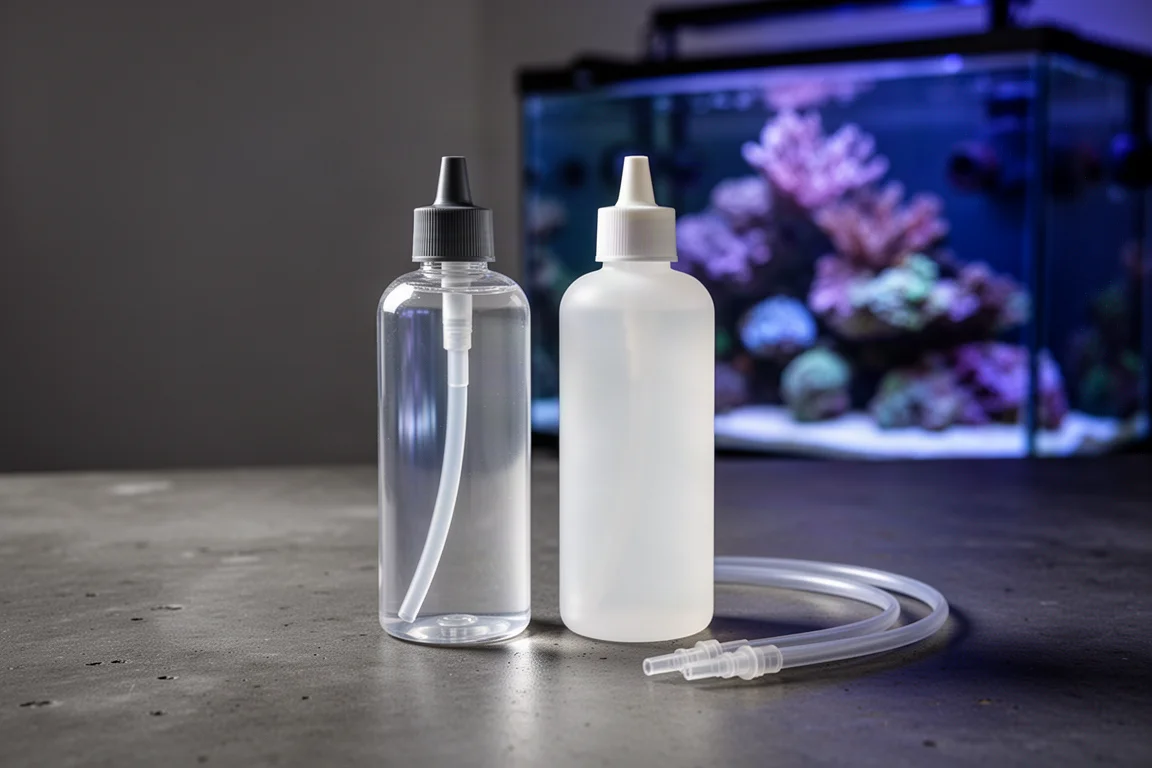 暗い面に置かれた無印の液体添加剤容器2つ、背後にぼやけたリーフアクアリウム
