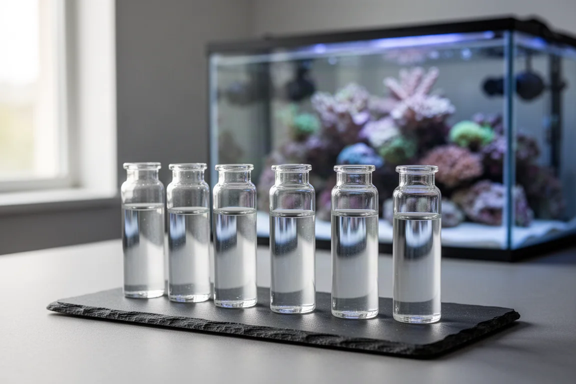 Rij glazen testbuisjes met gekleurd water op een leien plateau naast een rifaquarium
