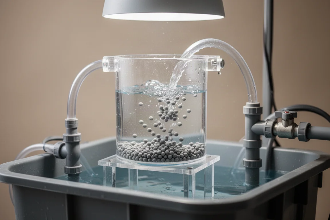 Transparante acryl wervelbedreactor met tuimelende pellets in een aquariumsump