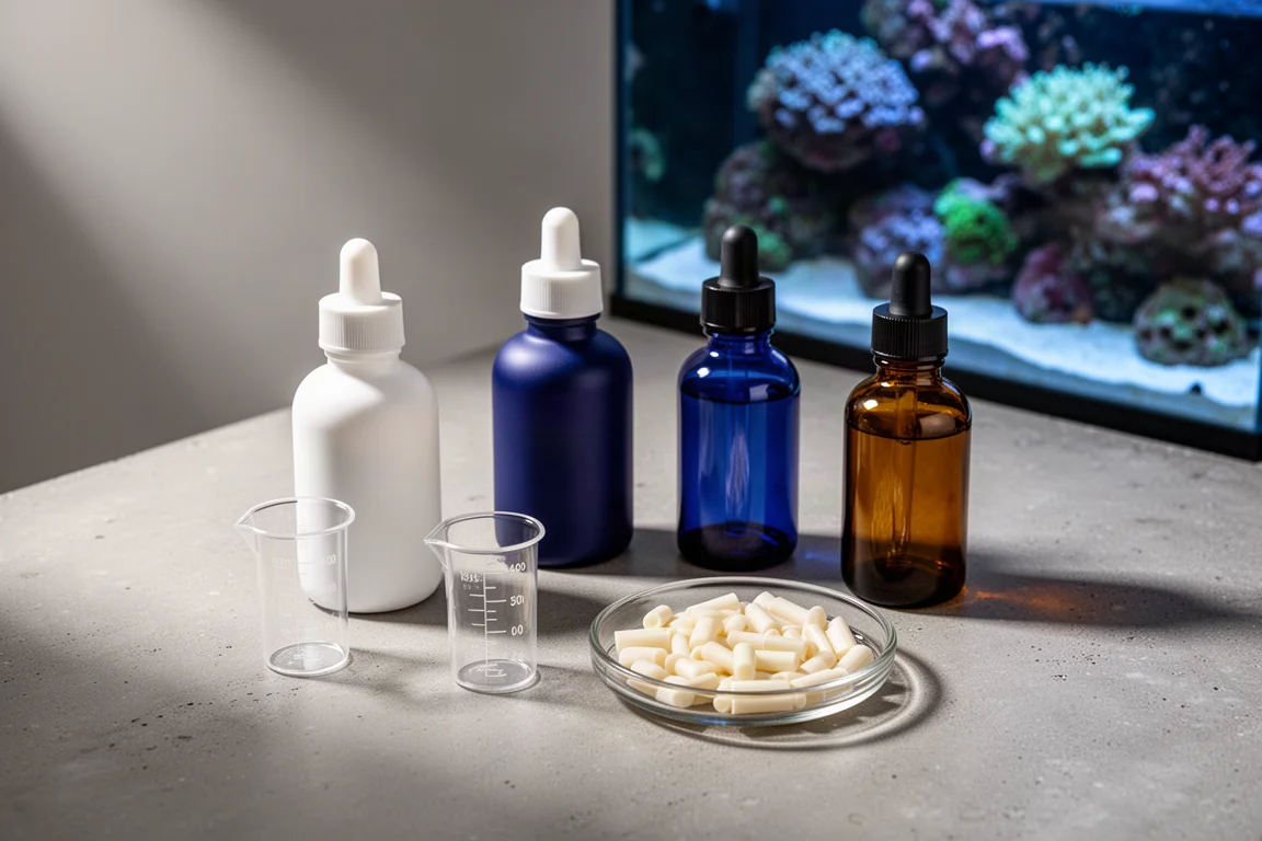 銘柄のない添加剤ボトル、計量カップ、ポリマーペレットがコンクリートの上に並んでいる