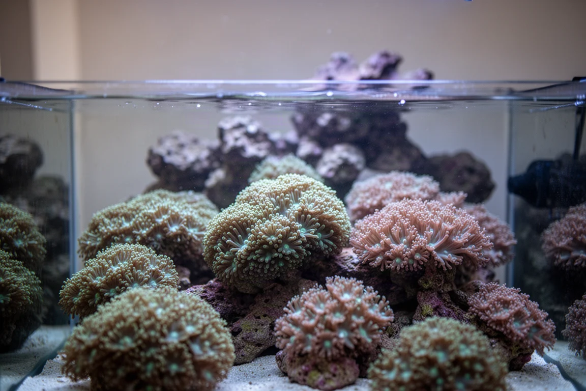 Nahaufnahme von Korallenkolonien in einem ausgewachsenen Riffaquarium bei weichem blauem Licht