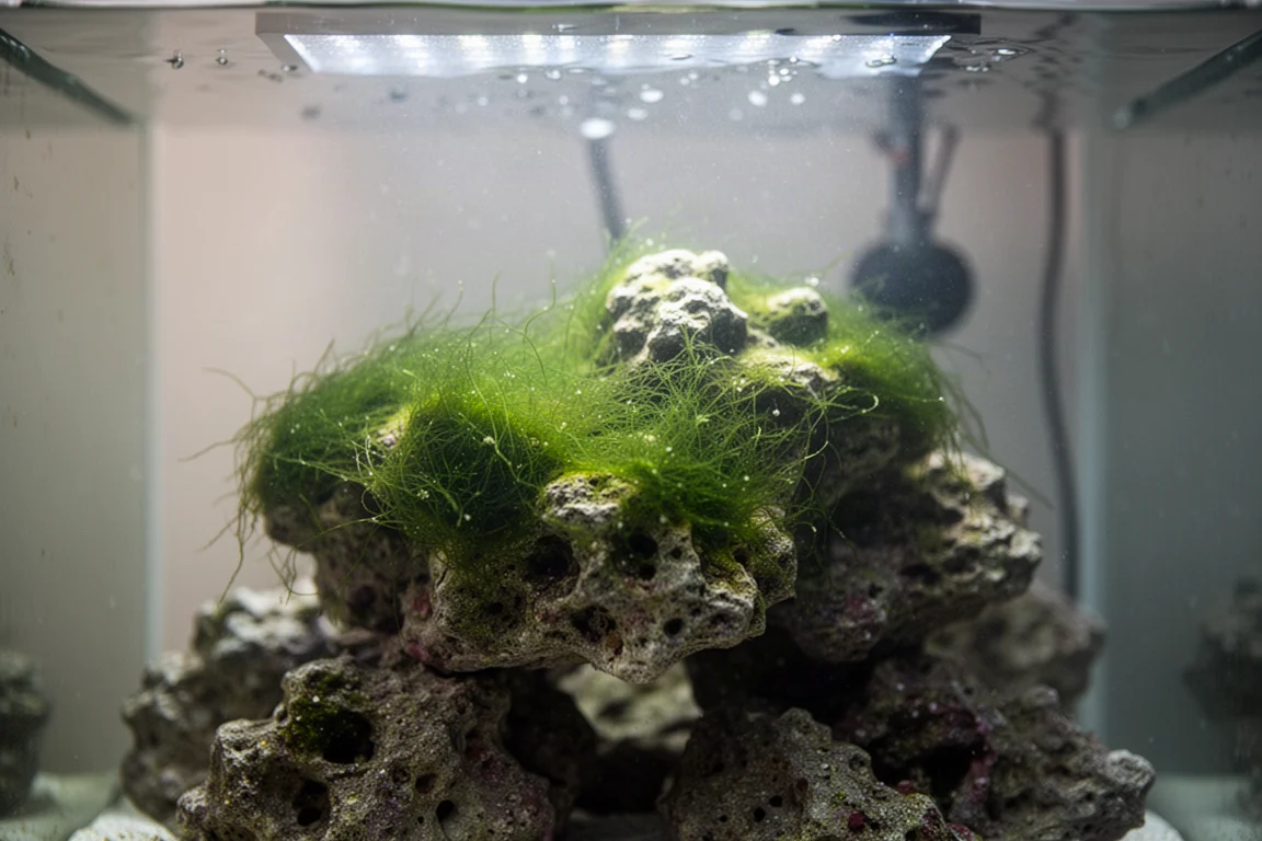 Lebendgestein in einem Riffaquarium, bedeckt mit feinen grünen Fadenalgen
