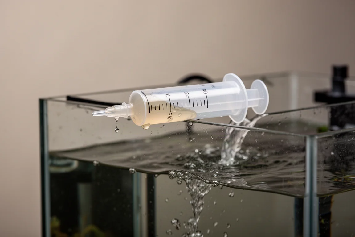 Skalierte Dosierspritze am Rand eines Aquarienfilterbeckens mit fließendem Wasser