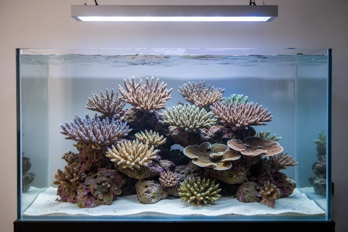 Weitwinkelansicht eines etablierten Riffaquariums mit verzweigten und plattenförmigen Korallen