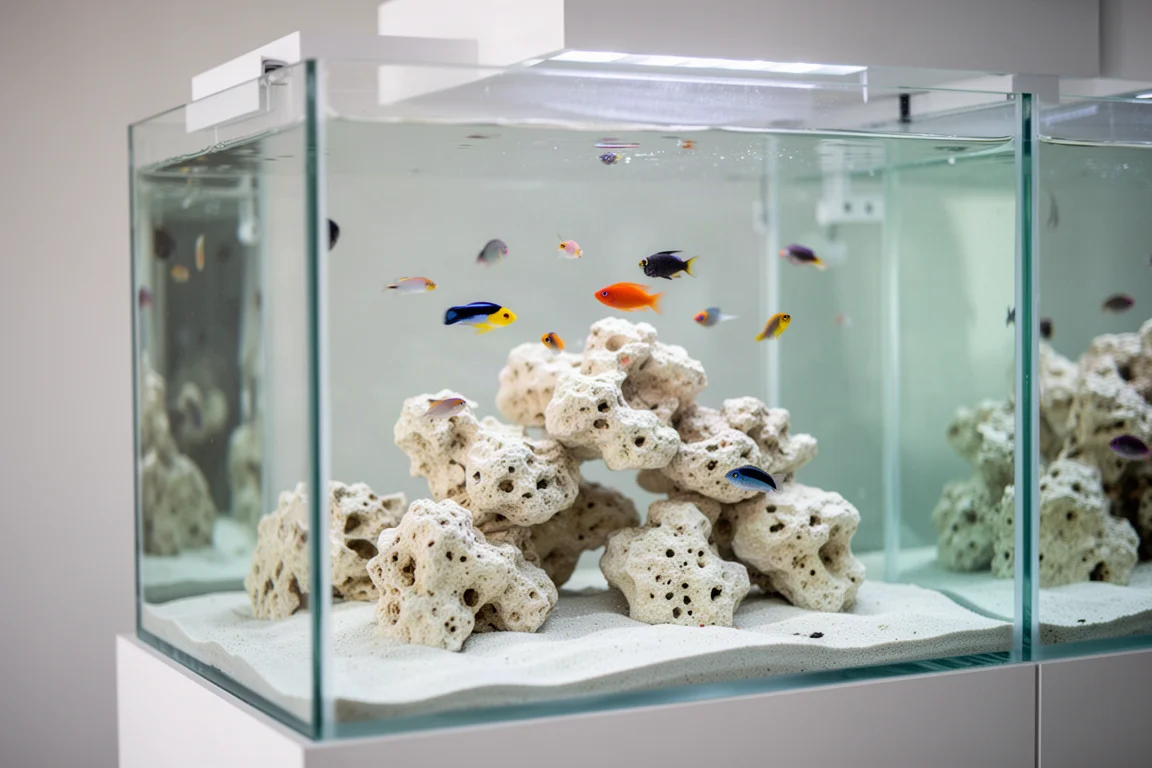 純養魚海水缸，幾隻色彩鮮豔的小魚在活石上方游動