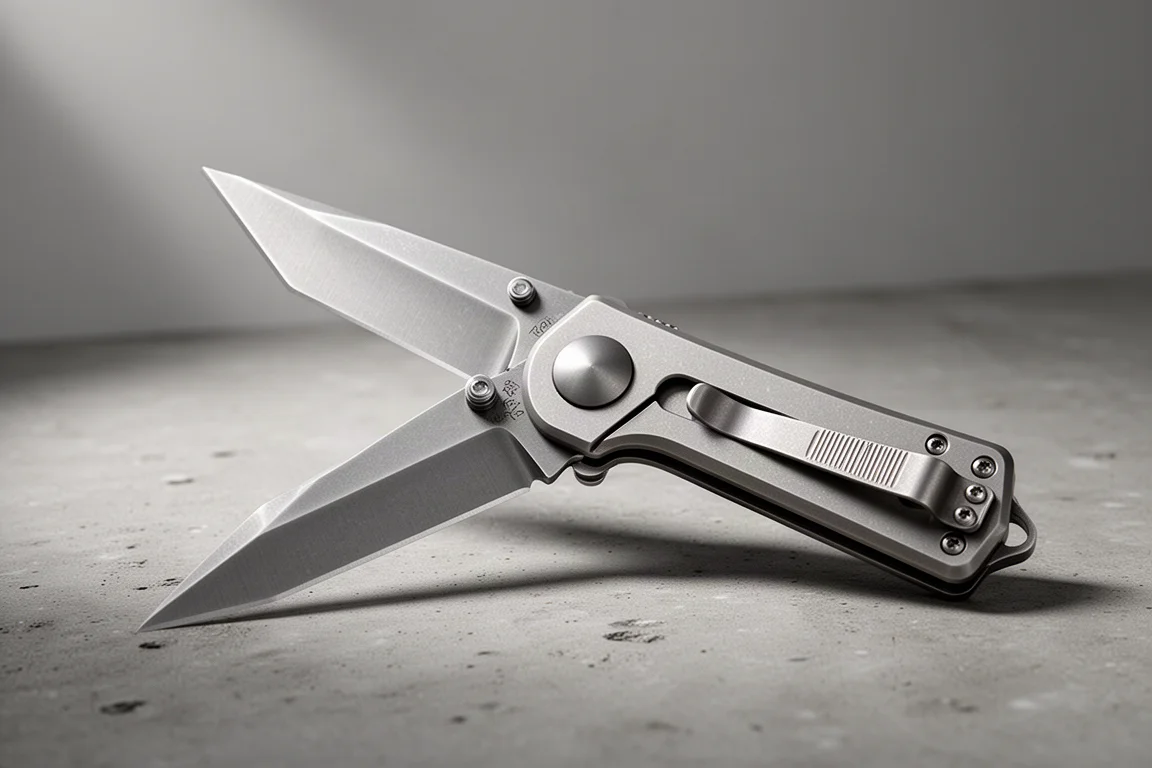 Titan-Klappmesser mit Tanto-Hohlschliffklinge, halb geöffnet, auf Beton