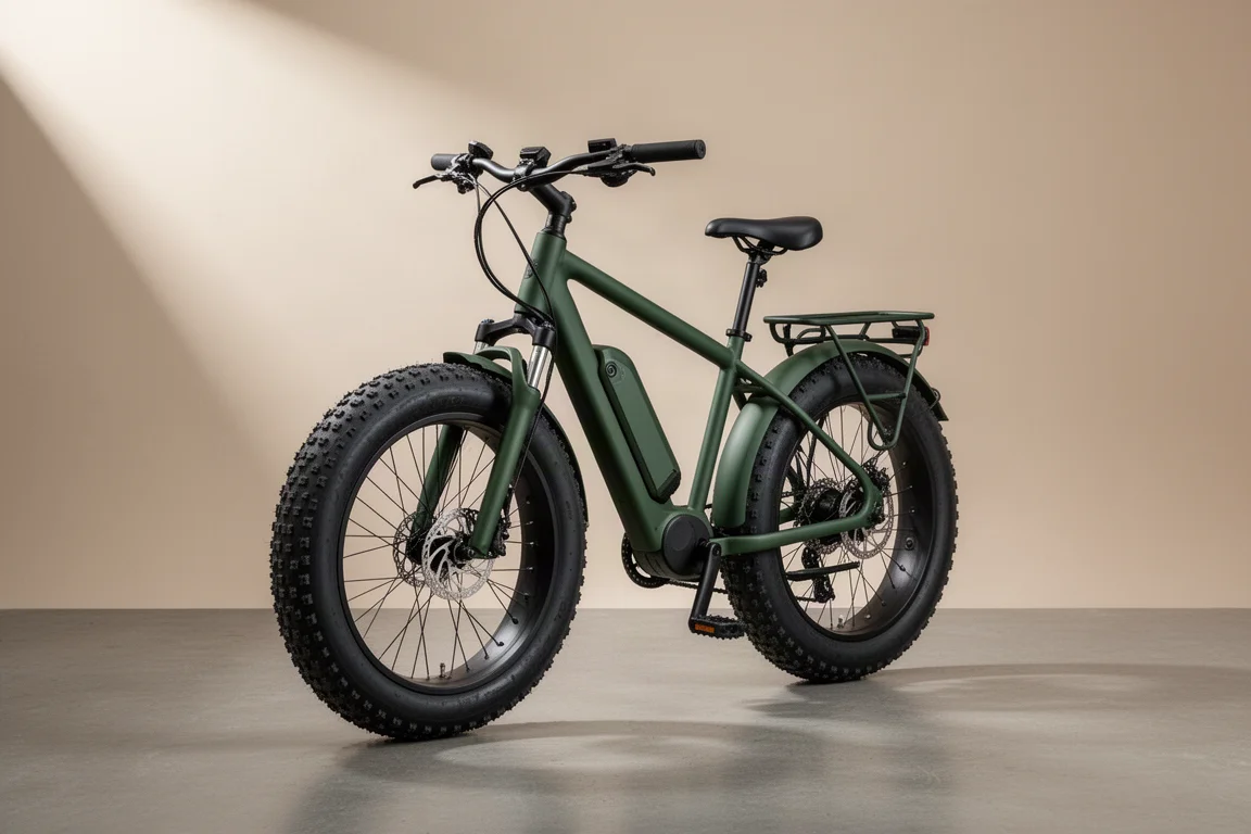 Troxus Explorer fat tire electric bike with internal battery photographed on concrete