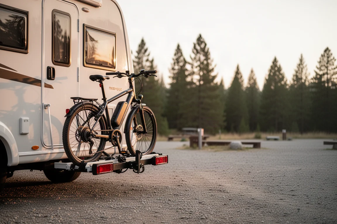 E-bike elétrica compacta para deslocamentos urbanos encostada no rack de uma van de camping na luz dourada