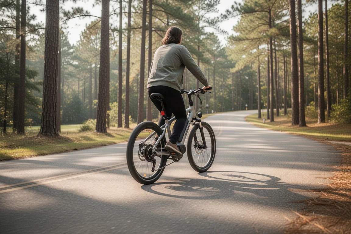 Ciclista subindo uma estrada asfaltada de parque em uma e-bike elétrica para deslocamentos urbanos