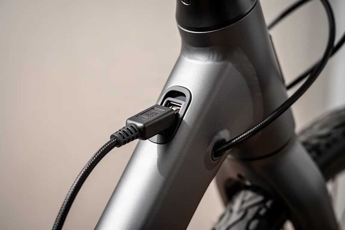 Close-up de um cabo de carregamento conectado à porta da bateria no quadro de uma e-bike