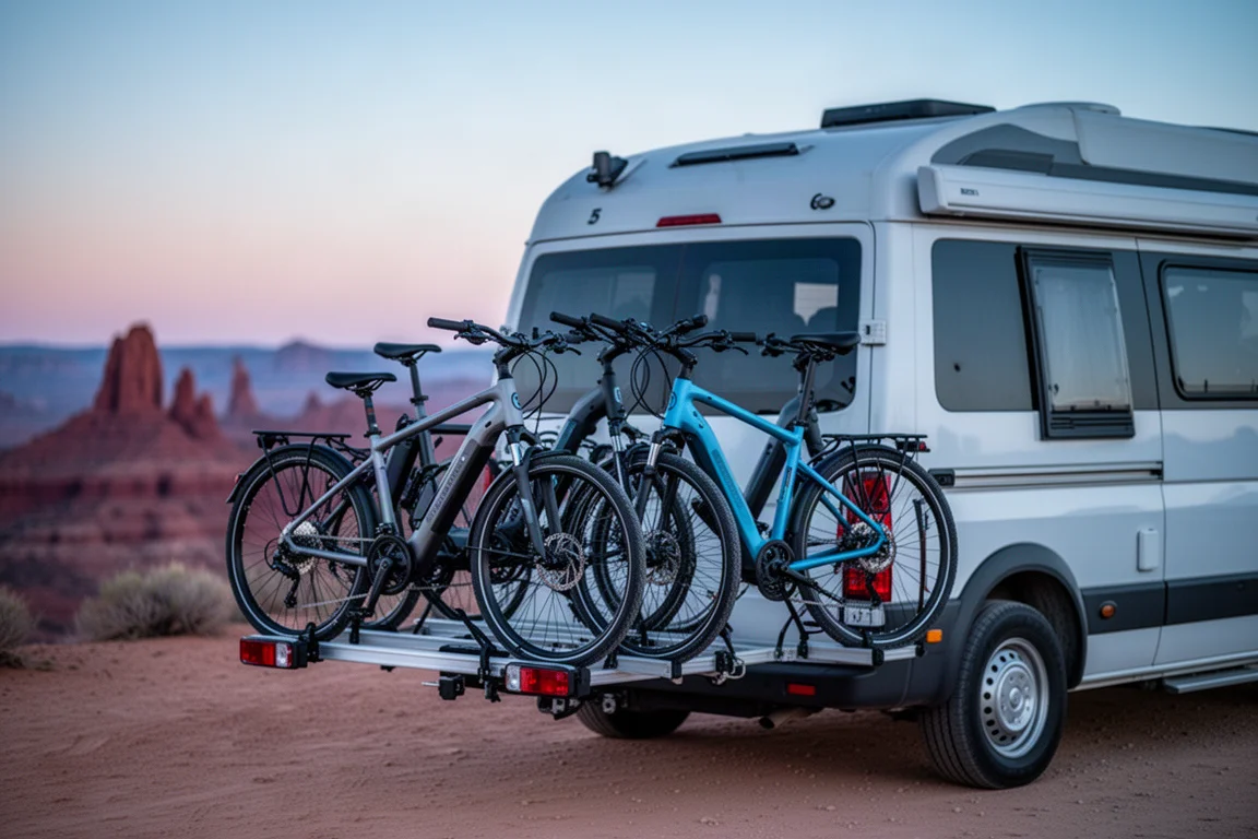 Duas e-bikes elétricas compactas montadas no rack traseiro de uma van de camping ao anoitecer