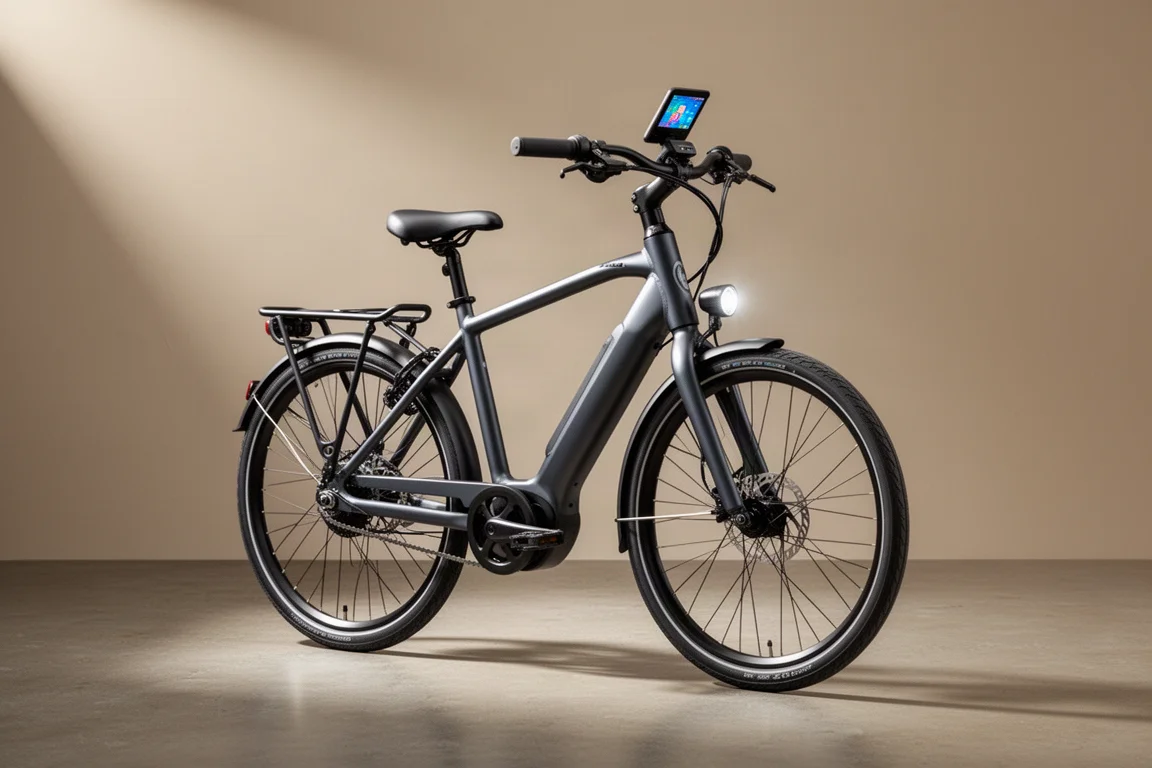 Compact lightweight electric commuter bicycle with fenders, rear rack, and handlebar display