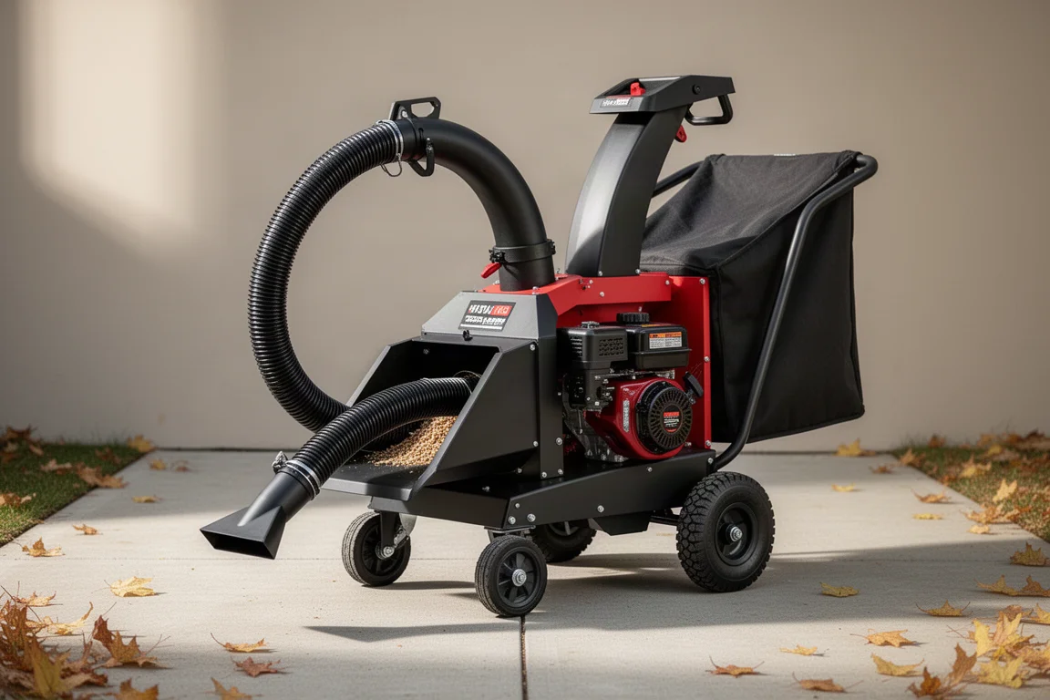 Wheeled Troy-Bilt 163cc chipper shredder vacuum z wężem i workiem zbierającym na podjeździe