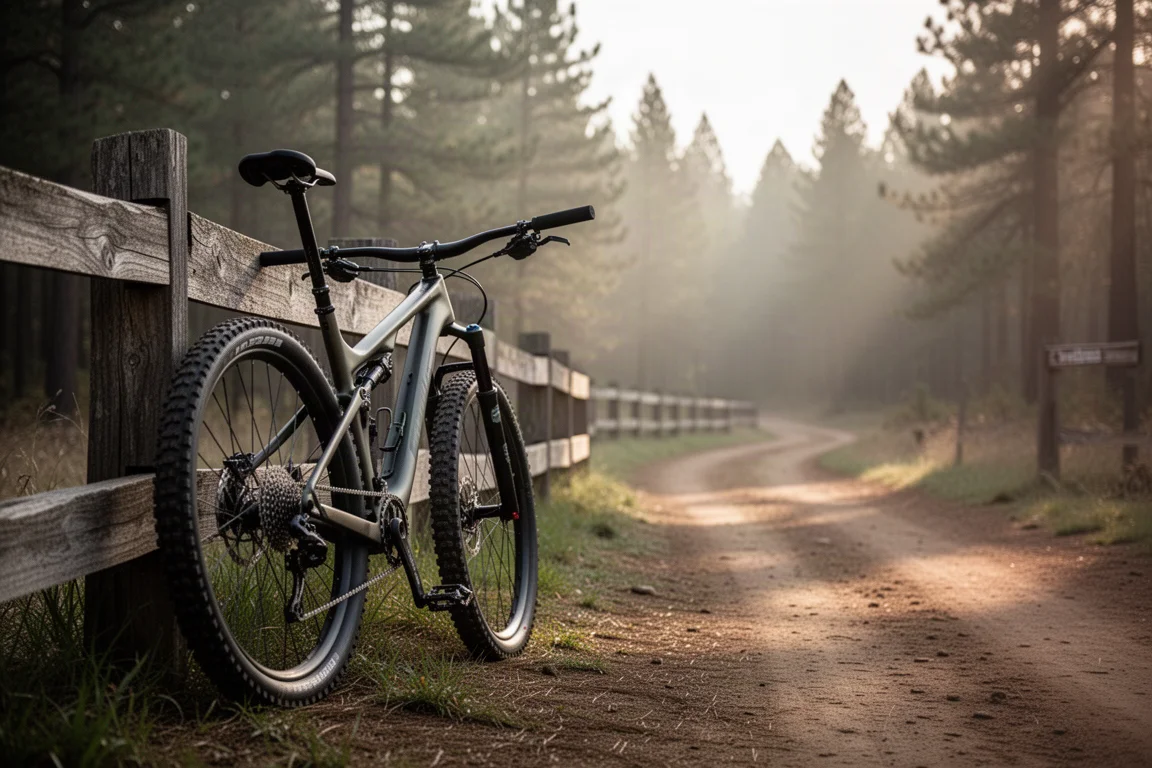 Mountain bike apoiada na entrada de uma trilha sob a luz do início da manhã