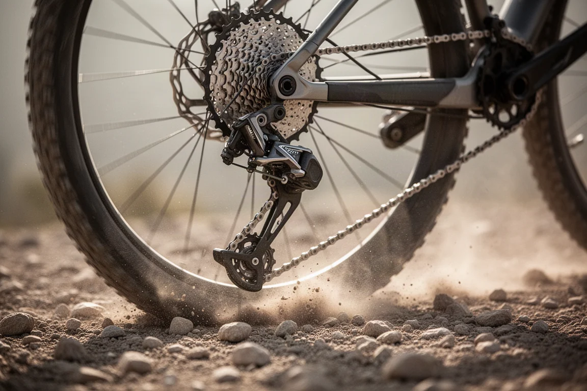 Close da corrente e do câmbio de mountain bike sobre cascalho solto